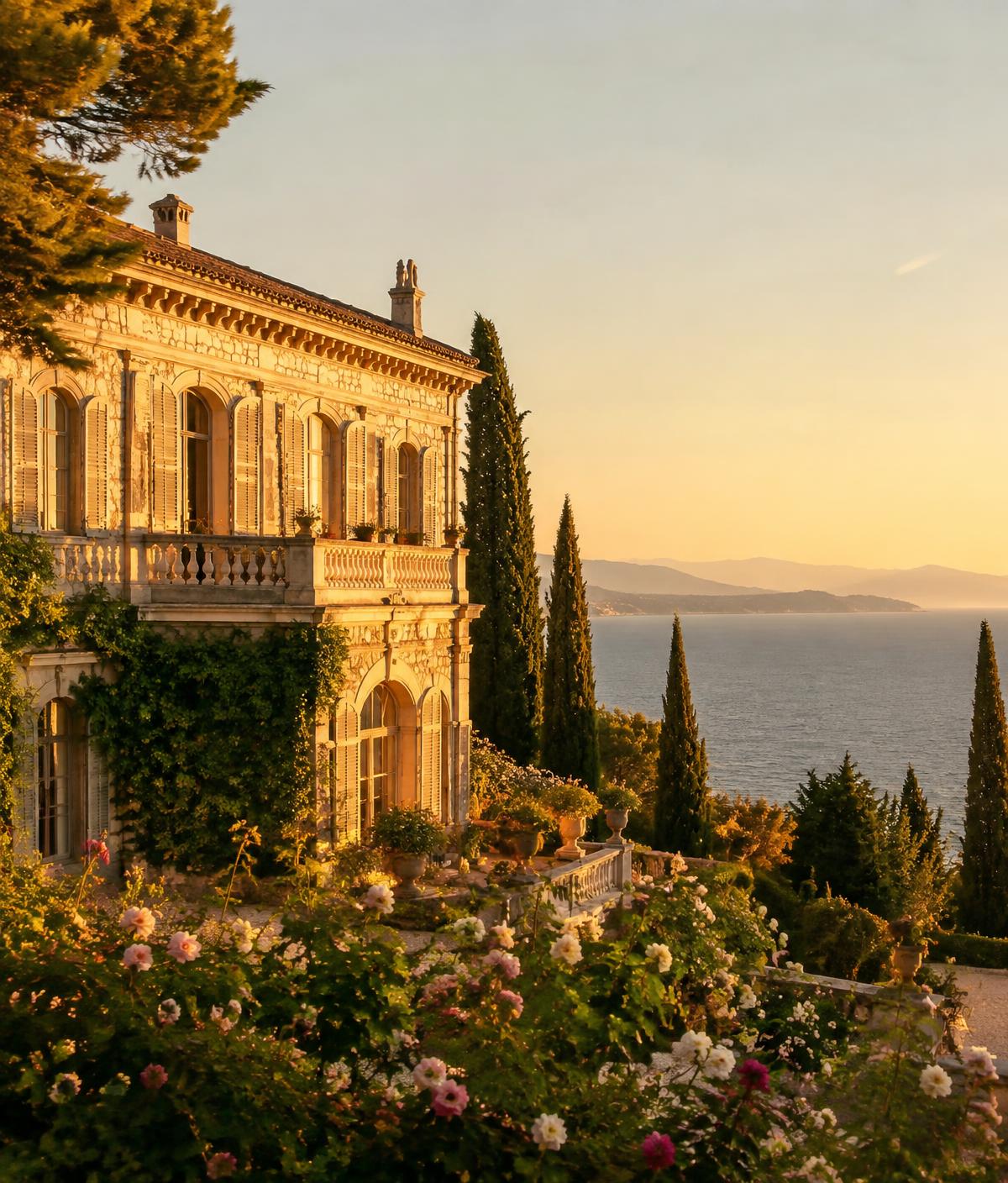 A stone villa with rose garden overlooking the Mediterranean at golden hour